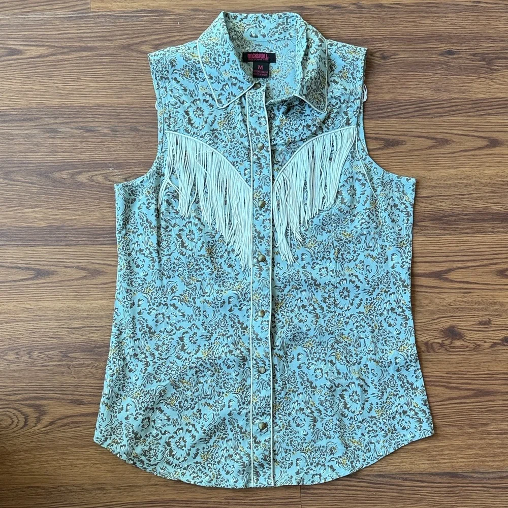 Rock & Roll Cowgirl Blue and White Button Down Shirt - Picture 3 of 5
